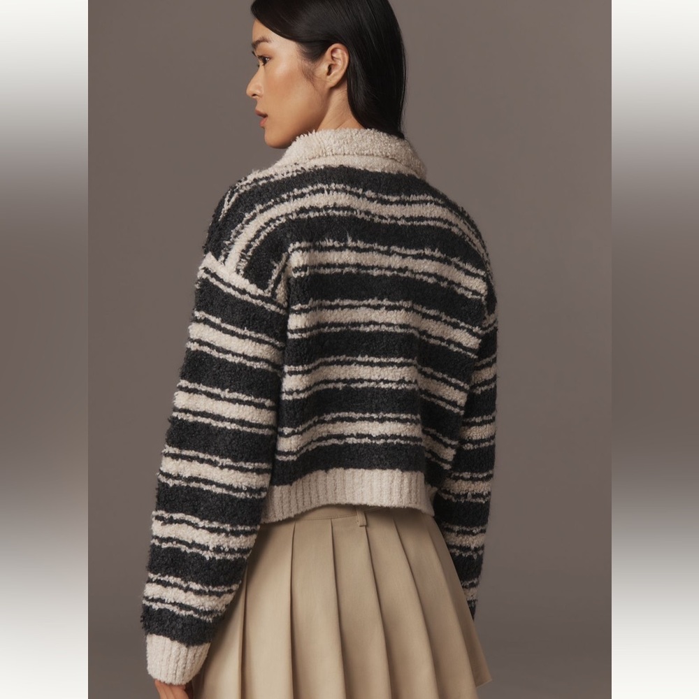 MAEVE ANTHROPOLOGIE Striped Polo Sweater in Black and White with Buttons - Picture 10 of 10